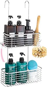 YQh Stainless steel double-layer shower rack, shower room hanging bathroom organizer, storage rack installed on the hanging bar or door, can store shampoo, hair conditioner, shower gel (double)