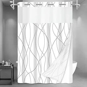 LXBNI No Hook Grey White Striped Long Shower Curtain with Snap in Liner Set - Hotel Shower Curtain and Liner Set with See Through Mesh Top Window,Machine Washable, 71x86 INCH