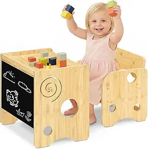 HOOBRO Kids Table and Chair Set, Bamboo Toddler Table and Chair Set with Chalkboard, 3 in 1 Kids Table and 1 Chair for Ages 1-3, 3-Height Adjustable Chair, for Reading Eating Playing Natural YB20KT01