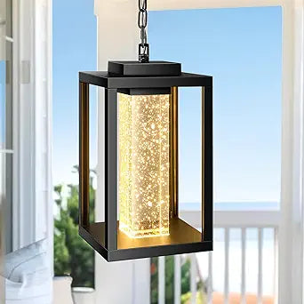 VIANIS Outdoor Pendant Light for Porch with Adjustable Chain, Black Modern Exterior Hanging Light Fixture for House, Patio, Waterproof Anti-Rust Outdoor Chandelier for Porch with Crystal Bubble Glass