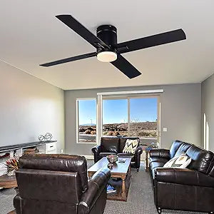 Bigzone 52 Inch Flush Mount Ceiling Fan, Low Profile Ceiling Fan with Light and Remote Control, Reversible 4 Dual Finish Wood Blades, Indoor/Outdoor Ceiling Fan for Patio, Living Room, Bedroom