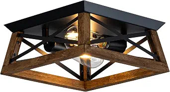 2-Light Farmhouse Light Fixture, Rustic Ceiling Light with Wood and Metal Design, Wood Ceiling Light for Kitchen, Hallway, Entryway, Cabinet, Living Room