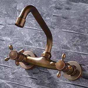 Kitchen Sink Mixer Faucet Wall Mounted Antique Brass 2 Handles Kitchen Faucets Mixer-Antique