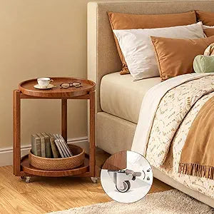 Taitiy Small Round Side Table with Wheels Solid Wood 2 Tier End Table with Storage Mobile Nightstand for Small Spaces Rolling Side Table for Couch & Bedside Walnut 17.7"