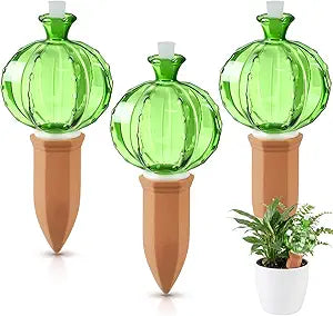 Teenyyou 3 Set Glass Self Watering Globes with Terracotta Self Watering Spike 12 oz Large Glass Waterer Bulbs Automatic Water Planter Insert Plant Water Device for Indoor Outdoor Plant(Green,Cactus)