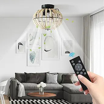 Boho Wood Beaded Fandelier, 18" Flush Mount Ceiling Fan with Lights & Remote Control Enclosed Bladeless Low Profile Ceiling Fan Chandelier Low Noise for Kitchen Bedroom Living Room Hallway