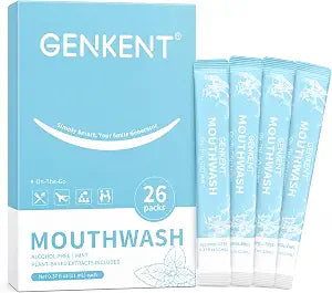 GENKENT Travel Mouthwash, Portable Disposable Packs to Go, Alcohol Free Fresh Mint Oral Rinse, Pack of 26