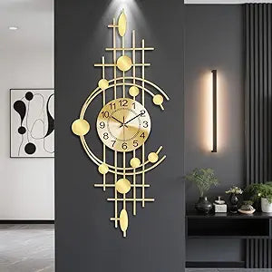 Wall Clock for Living Room, Silent Quality Quartz Battery Operated, Golden Metal Decorative Large Wall Clock for Kitchen,Home,Bathroom,Bedroom Home Decor,14.6x36.3inch