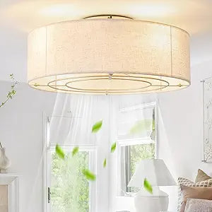 Ceiling Fans with Lights, 20" Boho Ceiling Fan with Light Flush Mount, Drum Rattan Low Profile with 6 Speeds, Remote Control for Bedroom, Nursery, Living Room