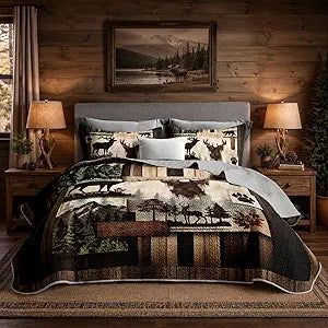 King Size Rustic Cabin Quilt Set,Camo Deer Bear Retro Bedding Sets for Hunting Room Decor,Brown Hunting Themed Plaid Patchwork Bedding Quilts with 2 Pillowcases.