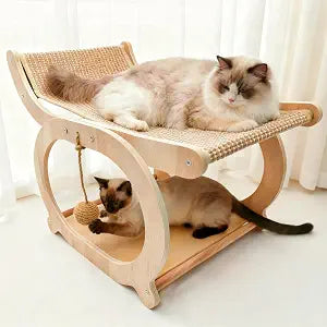 Sisal Cat Scratcher Chair, Elevated Cat Lounge Beds for Indoor Cats, Wooden Pet Hammock Couch for Scratching, Natural