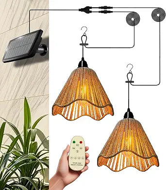 Solar Chandelier Outdoor Waterproof, Gazebo Lights Solar Powered with Remote Control, Boho Hanging Pendant Light for Porch, Patio, Pergola, Shed, Chicken Coop, Balcony(2 Lights)