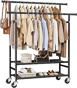HYSEYY Clothes Rack,Double Rods Rolling Clothing Rack for Hanging Clothes,Portable Garment Rack with 2-Tier Storage Shelves,Free Standing Wardrobe Closet Coat Rack on wheels for Bedroom,Laundry Room