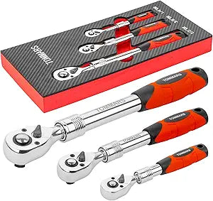 TOMMARS Extendable Ratchet Wrench Set, 1/4" 3/8" 1/2" Drive 72-Tooth Quick-release Retractable Socket Wrench Reversible Gift for Men Mechanic Hand Tools
