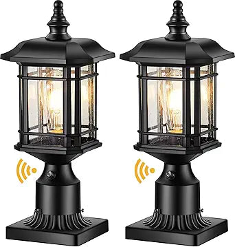 VIANIS Dusk to Dawn Outdoor Post Lights, 2 Pack Modern Exterior Lamp Post Light Fixture with Pier Mount, Black Post Light Fixture with Tempered Glass for Garden Patio (Hardwired 120V, Not Solar)