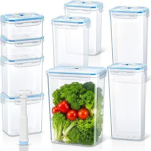 LemonRoad 9 Set Vacuum Seal Storage Food Containers with Lids (9 containers &9 Lids &1 Hand Vacuum Pump), Premium Airtight Food Storage, Airtight and Leak Proof(Clear)