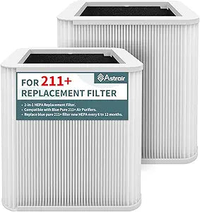 2 Pack 211+ Replacement Filter Compatible with Blue Pure 211+ Air Cleaner Purifier, 2 Stage Filtration System of Activated Carbon Filter and H13 True HEPA Filter