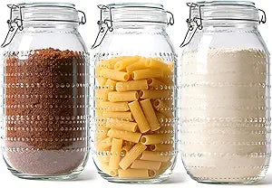ComSaf 0.5 Gallon (71oz) Vintage Hobnail Glass Storage Jars Set of 3 with Airtight Clamp Lids, Wide Mouth Tall Canister Set for Flour, Sugar, Cereal, Pasta, Pet Food and Pantry Organization