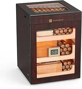 GLENCREAG M26F-T Cigar Humidor Cabinet for 150 Cigars  Spanish Cedar Lining, Digital Hygrometer, Magnetic Seal, 3 Drawers & Transparent Top Storage Gift for Cigar Aficionados