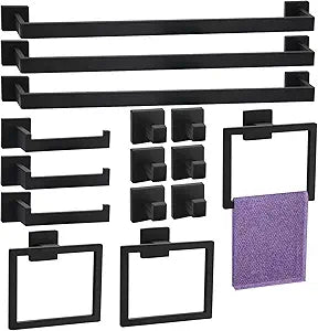 15 Pieces Bathroom Hardware Set, Matte Black Bathroom Accessories Set, Towel Racks for Bathroom, 23.6 Inch Bath Towel Bar Set Stainless Steel, Toilet Paper Holder Wall Mounted, Towel Ring, Towel Hook