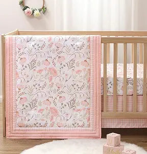 The Peanutshell Whimsical Floral 3 Piece Baby Crib Bedding Set for Girls, Pink Botanical Nursery Decor, Reversible Comforter, Crib Accessories Girl, Newborn, Infant & Toddler Girl Bedding Set