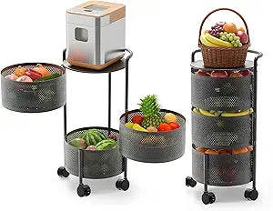JAQ 3-Tier No Assembly Vegetable Storage Rack, Under Counter Rotating Fruit Basket with Wheels, Carbon Steel Kitchen Organizer for Potato Onion, Fruteros Para Cocina, Black