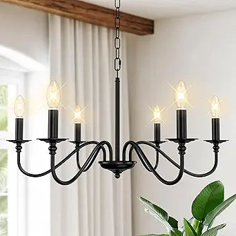 Farmhouse Chandelier, Industrial Black Ceiling Light Fixture with Rustic Iron 6-Light Fixture, Adjustable Hanging Height, E12 Base for Kitchen Island, Dining Room, Living Room, Entryway