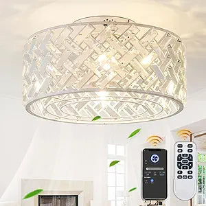 18 Inch Caged Ceiling Fans with Lights, Low Profile Crystal Fandelier with Remote & App Control for Low Ceilings Flush Mount Installation Indoor, Bulb Included White