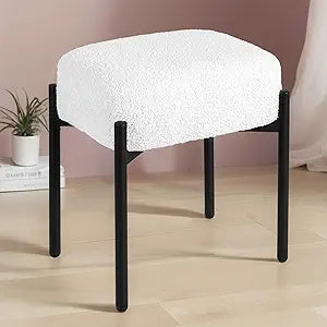 Vanity Stool Chair Faux Fur, 16.3" L x 12.8" W x 17.3" H Soft Ottoman, Makeup Chair Bench Furry Padded Seat with 4 Metal Legs, Footstool Multifunctional Chairs for Bedroom, Living Room, White