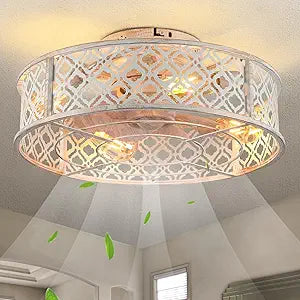 20" Caged Ceiling Fans with Lights Flush Mount Ceiling Fan with Remote,Small Black Low Profile Bladeless Ceiling Fan Light Fixture for Bedroom, Kitchen, Dining Room 4 bulbs Included,6 Speeds