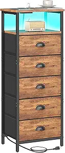 sthmec Nightstand with Charging Station,LED Night Stand with 5 Fabric Drawers, Bedside End Tables, 2-Tier Open Storage Shelf Side Table Nightstands with Drawers for Bedroom,Rustic Brown