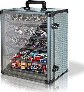 ORKELS Miniatures Storage Case with 5 Metal Tray, Clear Display Transport Case with Lock, Aluminum Alloy Frame Organizer for Mini Action Figures, Collectibles