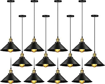 Retisee 12 Pcs Industrial Pendant Light Vintage Metal E26 Base Hanging Light Rustic Dome Pendant Lamp Fixture Farmhouse Kitchen Hanging Ceiling Lamp for Dining Room Bedroom Hallway Bar (Black)