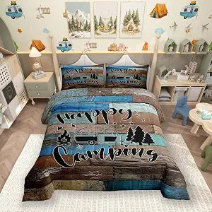 Camping Adventure Comforter Set Queen Size,Camper RV Trailer Decor Bedding Set 3pcs for Kids Boys Girls Adults,Retro Wooden Plank Cottage Down Comforter,Rustic Farmhouse Duvet Insert,2 Pillowcases