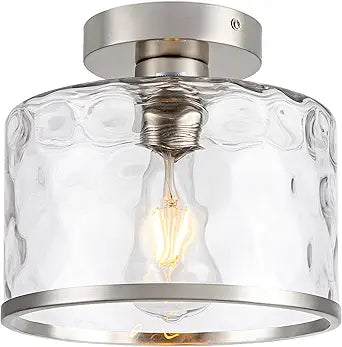 Zlepmlla Modern Semi Flush Mount Ceiling Light with Industrial Clear Hammered Glass Lampshade, Farmhouse Ceiling Lights fixtures in Satin Nickel for Hallway Kitchen Bathroom Bedroom