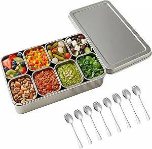 takor Yakumi Pans 8-Container with Lids and Spoons, Stainless Steel Seasoning Container, Japanese Spice & Condiment Storage Tray