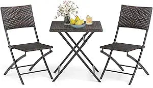 Tangkula 3 Piece Outdoor Folding Bistro Set, Patio Portable Foldable Dining Table and Wicker Chairs with Metal Frame, for Backyard, Garden, Balcony (Mix Brown)
