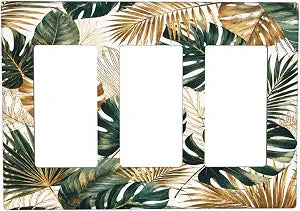 Decorative Outlet Covers Luxury Green Gold Tropical Monstera Palm Leaf 3 Gang Light Switch Cover Plate Triple Rocker Wall Plates Electrical Switch Plate Covers for Bedroom Home Decor