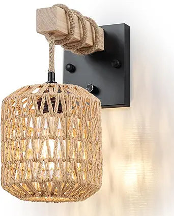 Rattan Boho Wall Sconce, Hardwired Hand-Woven Farmhouse Wall Lamps with Wooden Arm & On/Off Dimmable Switch,Large Rustic Indoor Wall Mount Light Fixtures for Bedroom Nursery Bathroom, 1 Pack