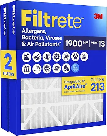 Filtrete 213 Air Filter, AprilAire 213 Replacement Filters, MERV 13, MPR 1900, Allergens, Bacteria, Viruses & Air Pollutants, 12-Month AC/Furnace Filter, Cleaner Air, Reliable Airflow, 2 HVAC Filters