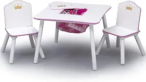 Delta Children Princess Crown Kids Wood Table and Chair Set with Storage - Greenguard Gold Certified, White/Pink