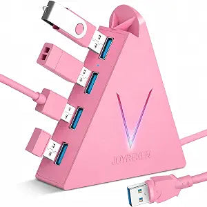4-Port USB 3.0 Hub, FlyingVHUB Vertical Data USB Hub with 2 ft Extended Cable, for Mac, PC, Xbox One, PS4, PS5, iMac, Surface Pro, XPS, Laptop, Desktop, Flash Drive, Mobile HDD(Pink)