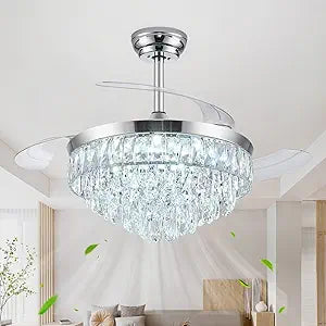 42'' Chandelier Ceiling Fan with Lights, Retractable Fan with Remote and APP, Crystal Fandelier Ceiling Fan, Dimmable LED, Reversible Motor, Quiet for Bedroom Living Room-Chrome