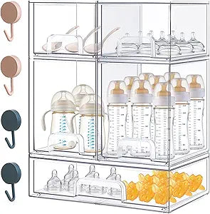 Baby Bottle Organizer-5 Pack Stackable Storage Drawers, Baby Organizers and Storage with Hooks, Clear Acrylic Multipurpose Bottle Storage for Countertop,Kitchen,Cabinet,Vanity,Bathroom