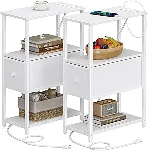 TUTOTAK Small Narrow End Table with Charging Station, Set of 2, Side Table with Outlets, Nightstand with Cloth Drawer, Couch Table, for Living Room, Bedroom, Bedside, White TB01BW058