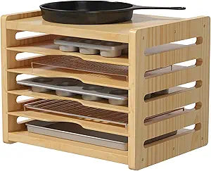 6 Tier Wooden Tray Dividers for Cabinets, Kitchen Vertical Cookie Sheet Organizer, Baking Trays Storage Rack for Baking Pans, Cutting Board