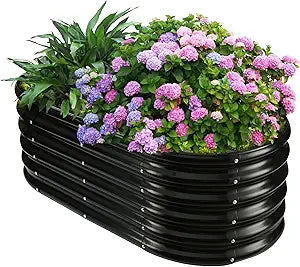 YSEJOMP 17" Tall Outdoor Garden Raised Garden Bed Kits, 4ft X 2ft Oval,0.8MM Thick Metal Raised Planter Bed/Ground Planter Box for Variety of Flowers,Herbs,Vegetables (Black, 48X24X16.5 Inches)