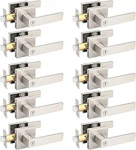 10 Pack Brushed Nickel Bed Bath Door Lever, Square Privacy Lever Door Handles, Keyless Heavy Duty Interior Door Handles, Reversible for Left Right Doors