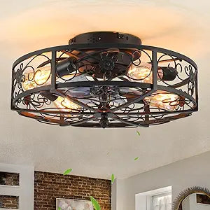 20'' Caged Ceiling Fan with Lights and Remote Control,Small Farmhouse Bladeless Low Profile Ceiling Fans Lights,Industrial Flush Mount Low Profile,Reversible Motor 6 Speeds for Bedroom,Living Room