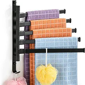 Swivel Towel Rack, Wall Mounted,5 Arm Bath Towel Holder, Space Saving Organizer for Bathroom, Kitchen Poolside, Matte Black
